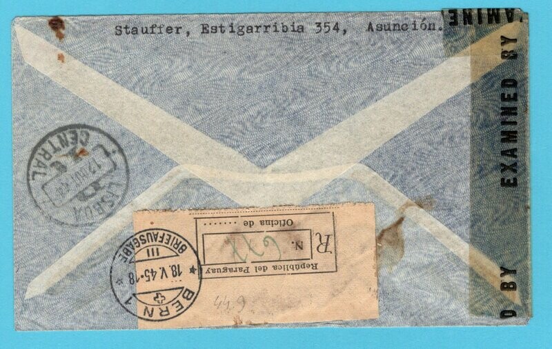 PARAGUAY R censor air cover 1944 Asuncion to Switzerland
