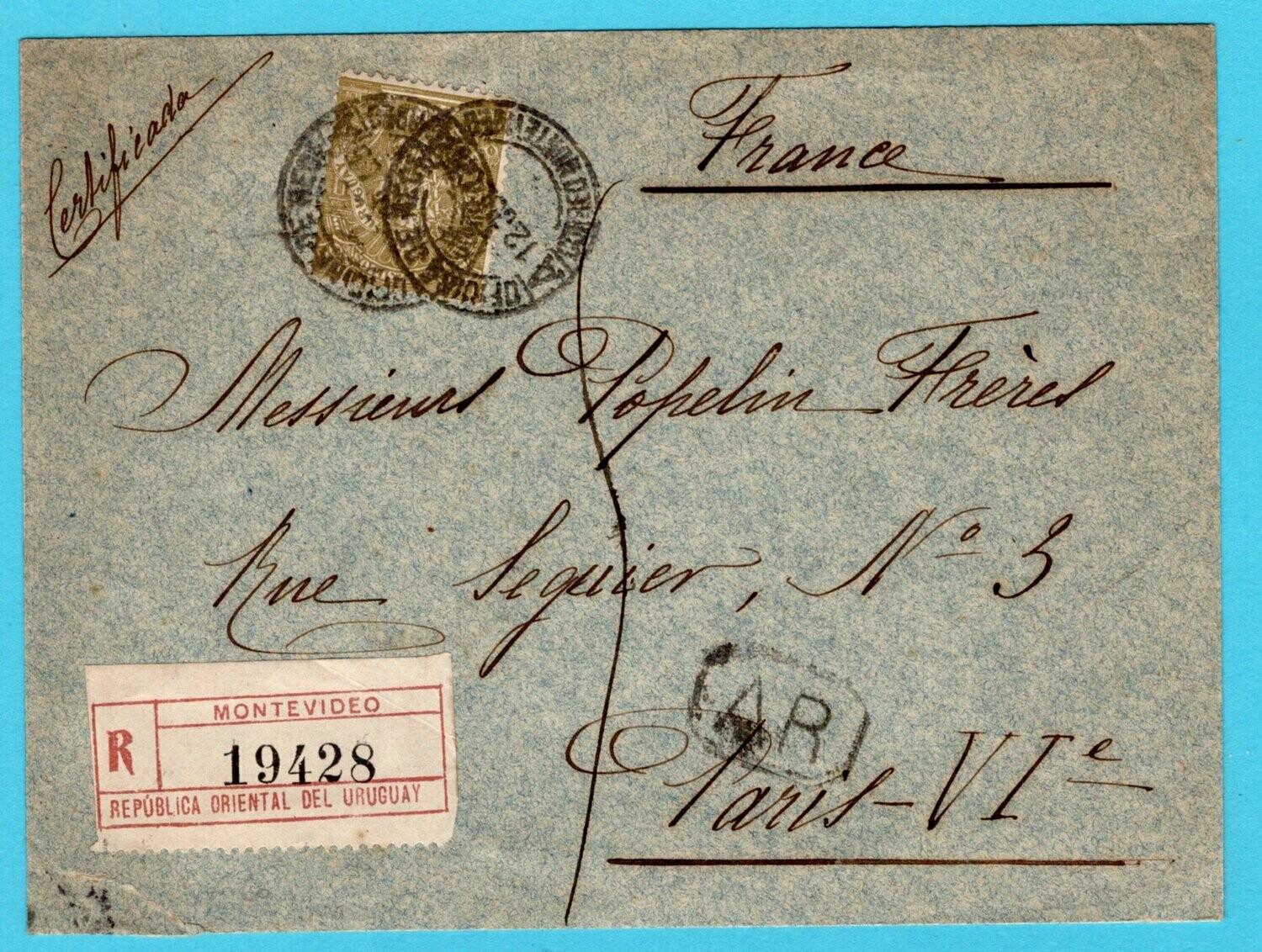 URUGUAY AR cover 1905 Montevideo to France