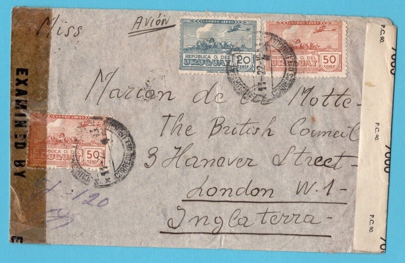 URUGUAY air censor cover 1943 Montevideo to England