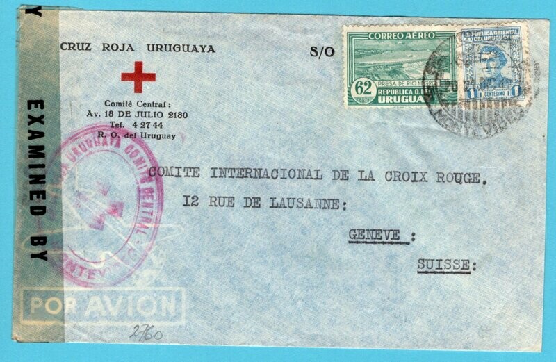 URUGUAY Red Cross air censor cover 1942 Montevideo to Switzerland