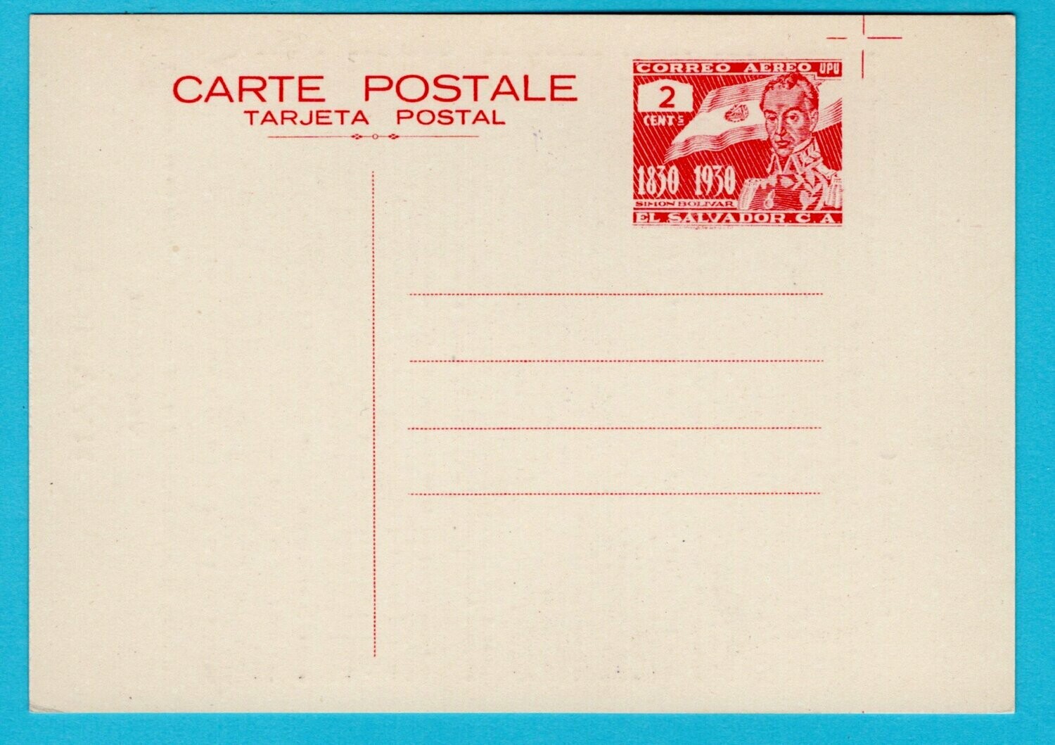 EL SALVADOR postal card 1930 Simon Bolivar ** MNH