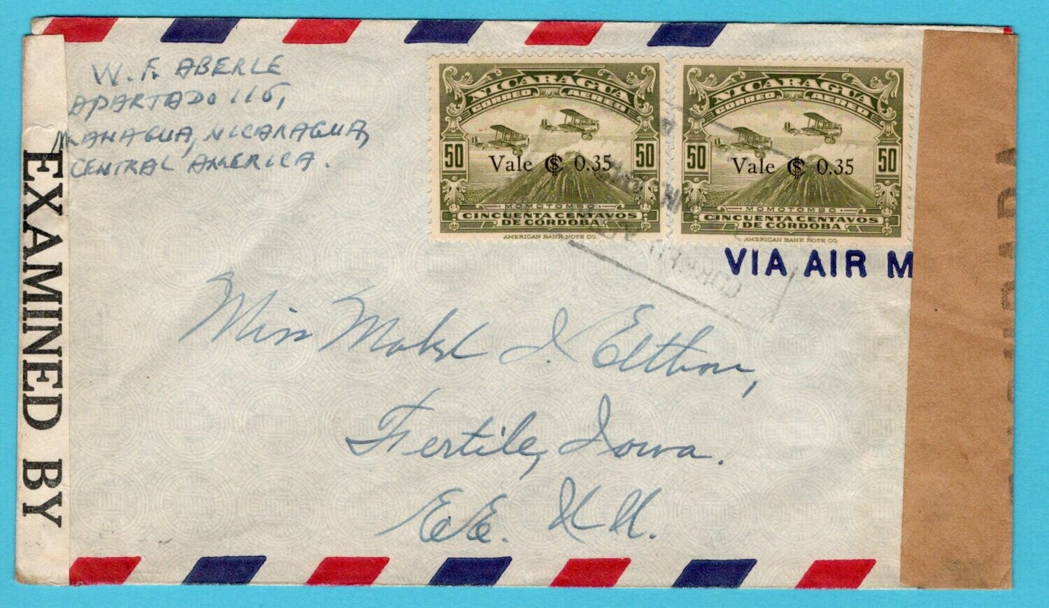 NICARAGUA censor airmail cover 1942 Managua to USA