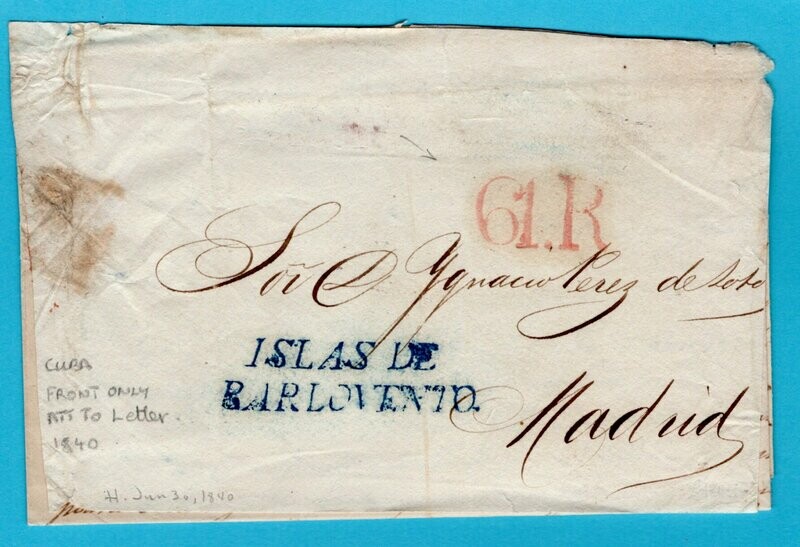 CUBA front of cover 1840 Islas de Barlovento to Spain