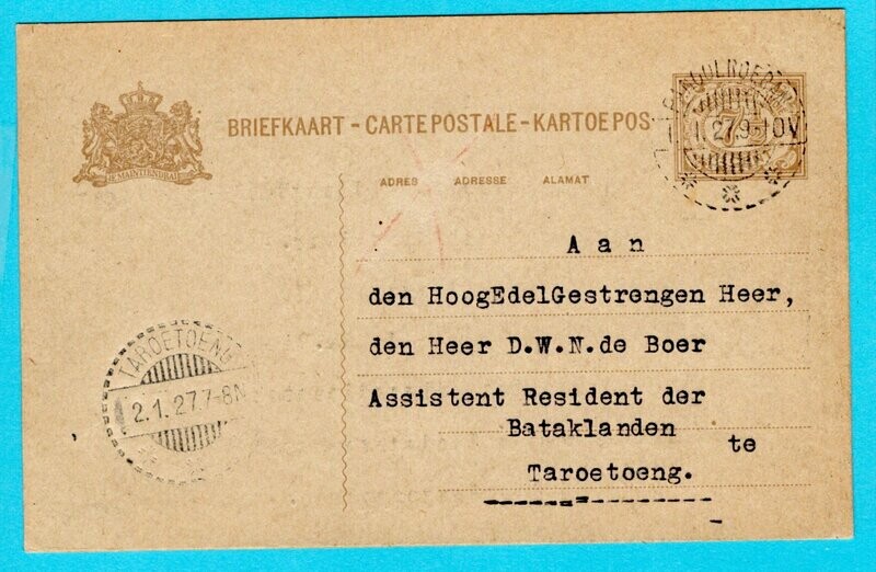 NETHERLANDS EAST INDIES postal card 1927 Pangoeroeran