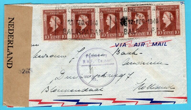 NETHERLANDS EAST INDIES censor air cover 1946 Balikpapan