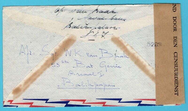 NETHERLANDS EAST INDIES censor air cover 1946 Balikpapan