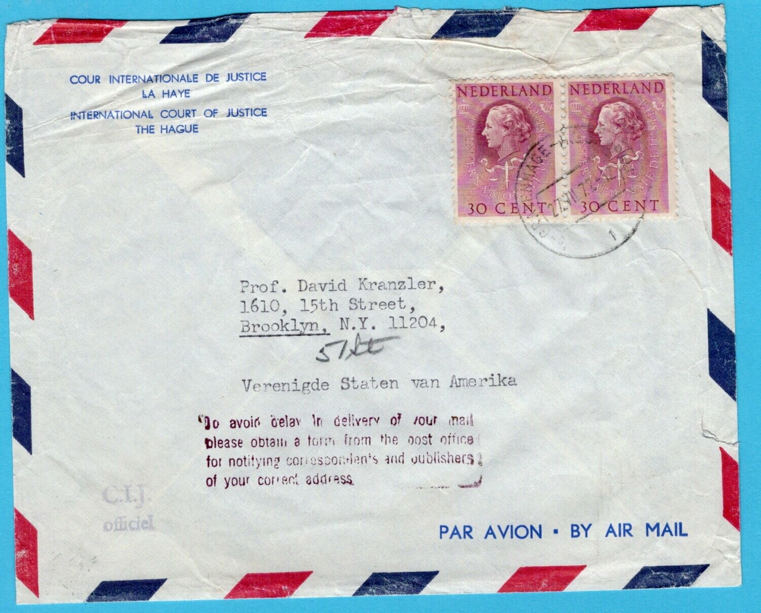 NEDERLAND Cour de Justice brief 1972 Den Haag naar USA