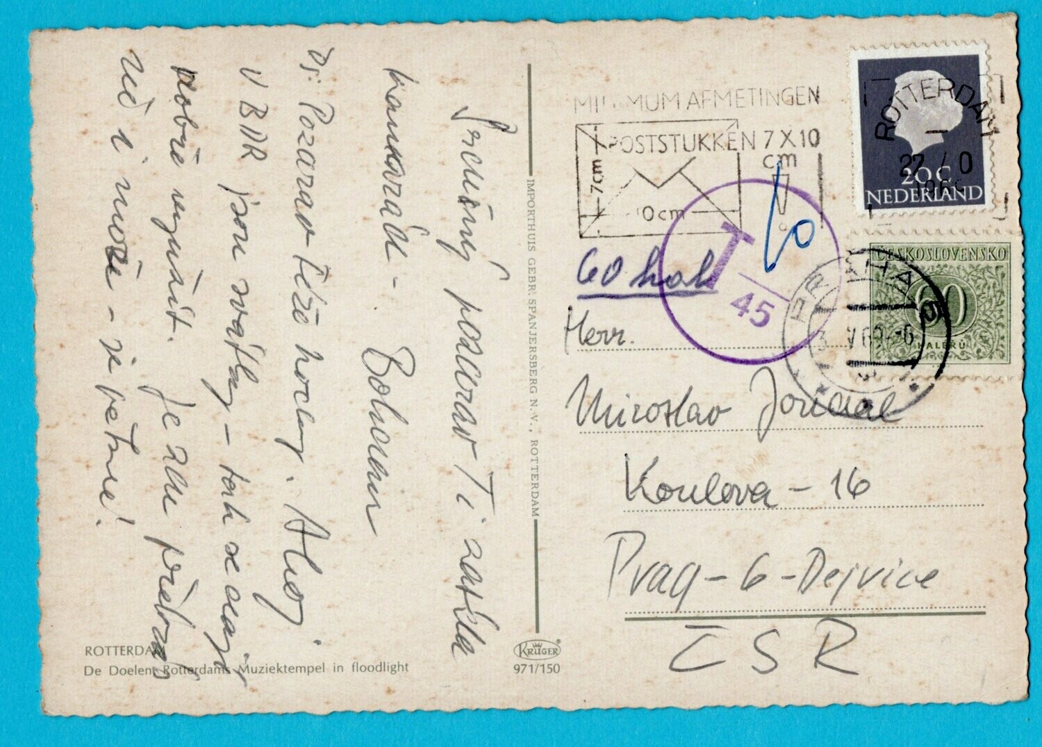 NEDERLAND prentbriefkaart 1969 Rotterdam naar Tsechië en beport