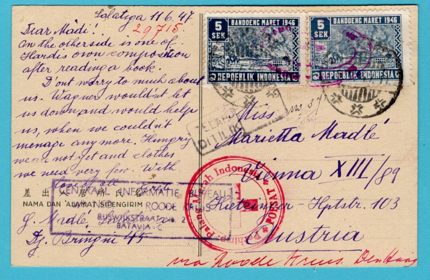 INDONESIA illustrated red cross card 1947 Salatiga to Austria