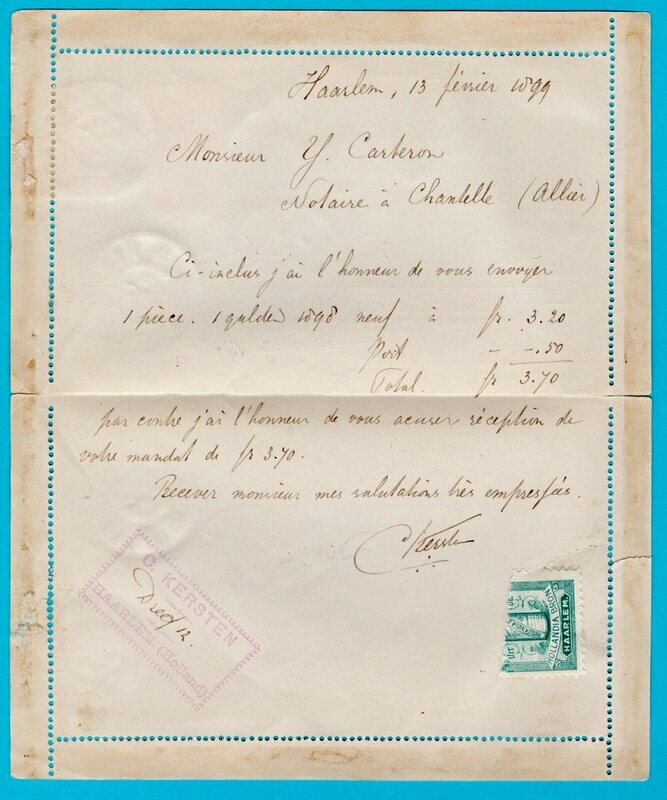 NEDERLAND R postblad 1899 Haarlem naar Frankrijk