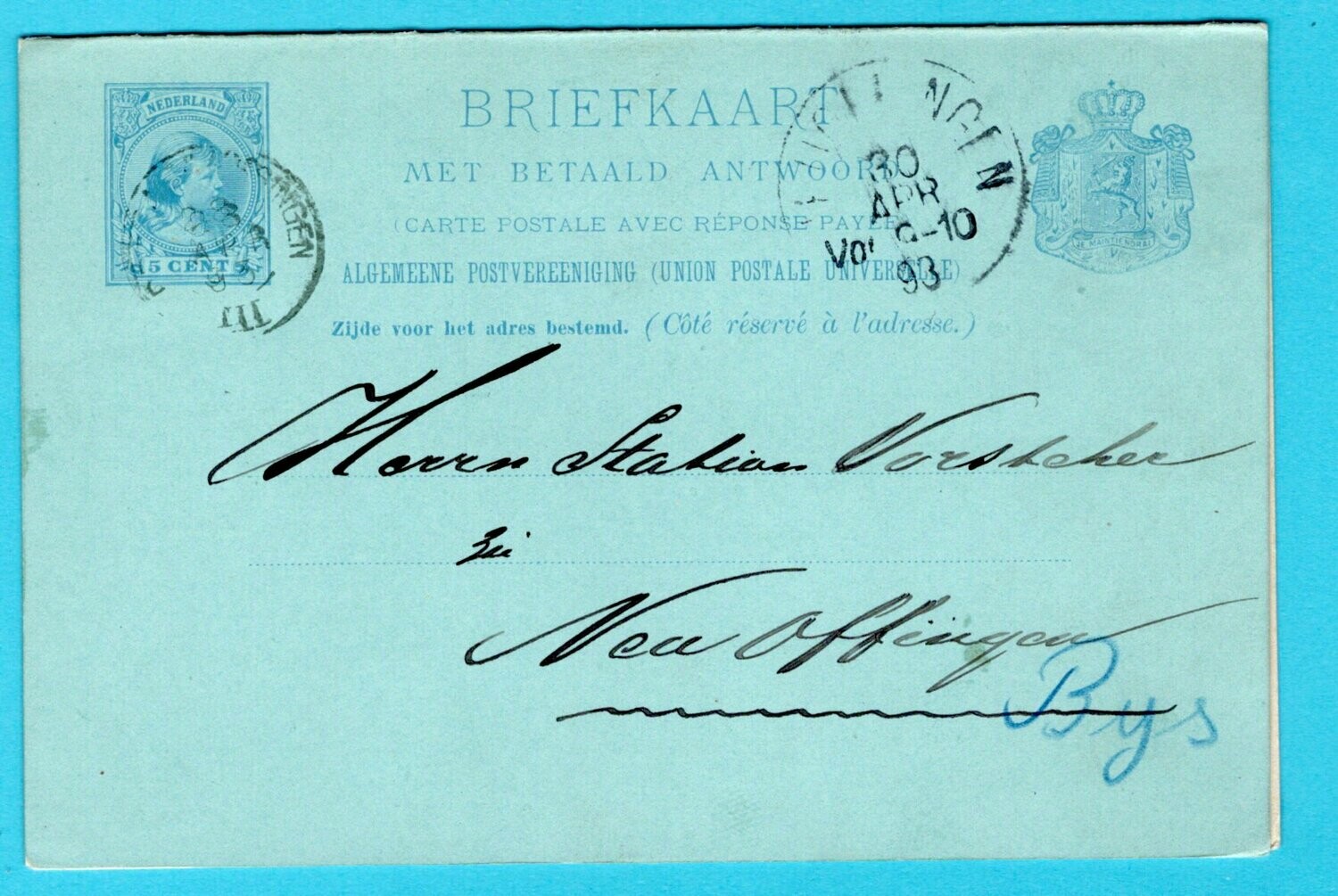 NEDERLAND briefkaart met antwoord 1893 Breda-Vlissingen