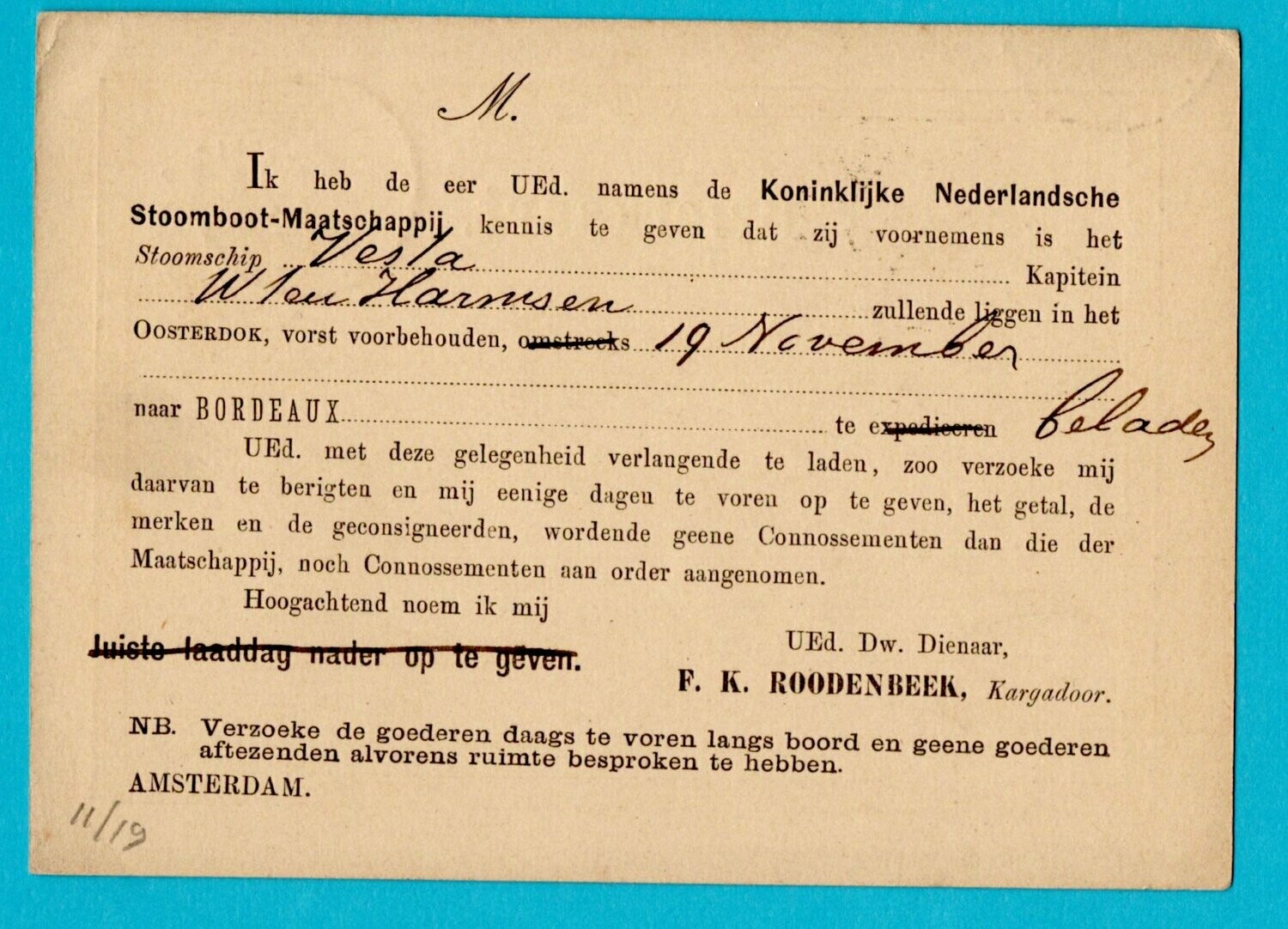 NEDERLAND briefkaart 1877 KNSM Amsterdam