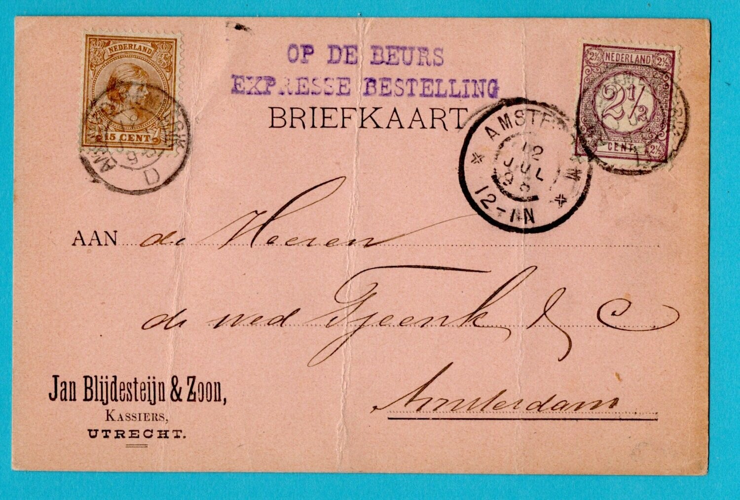 NEDERLAND expres briefkaart 1898 Amsterdam Emmerik