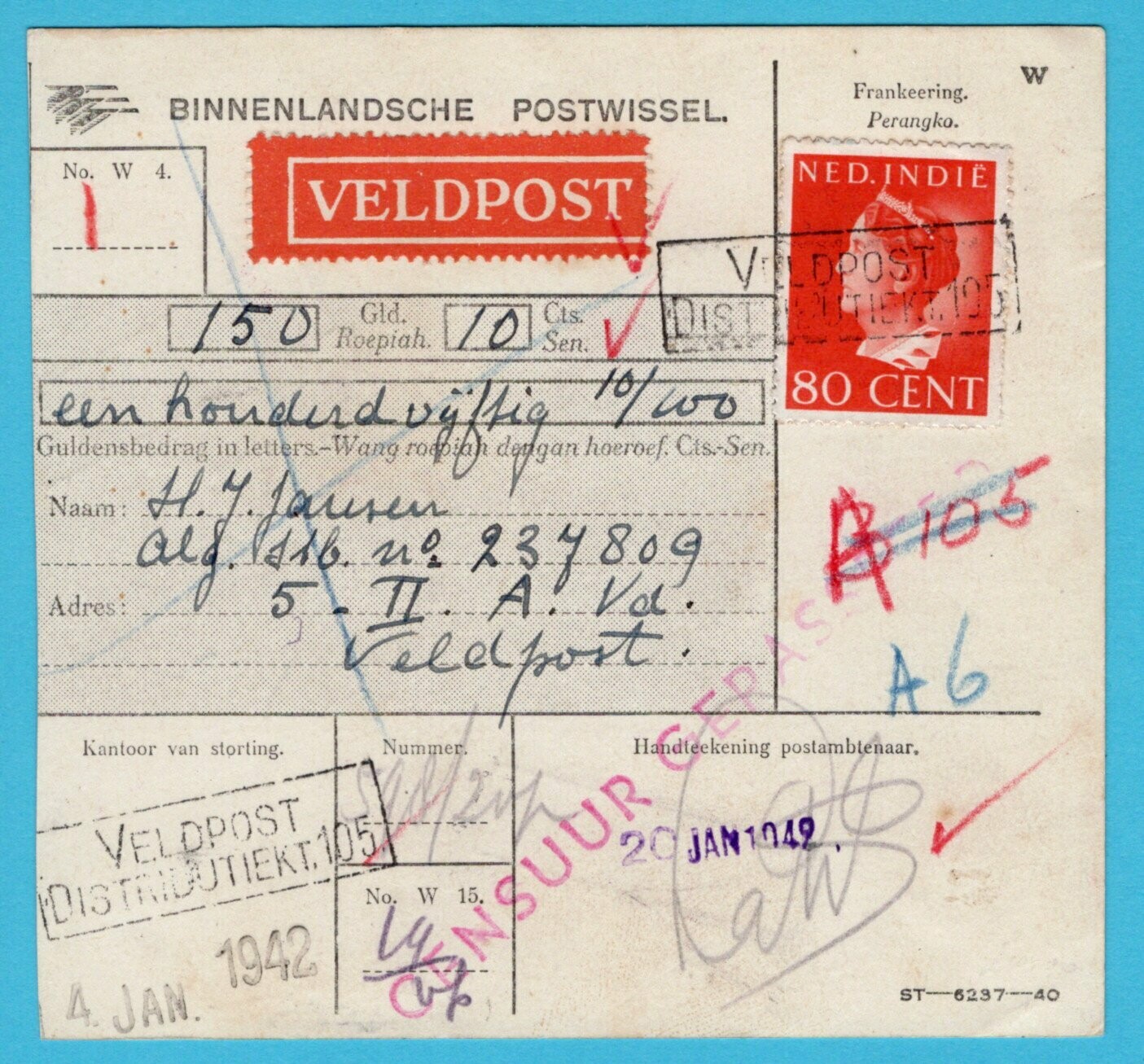 NETHERLANDS EAST INDIES money order 1942 office 105 to fieldpost