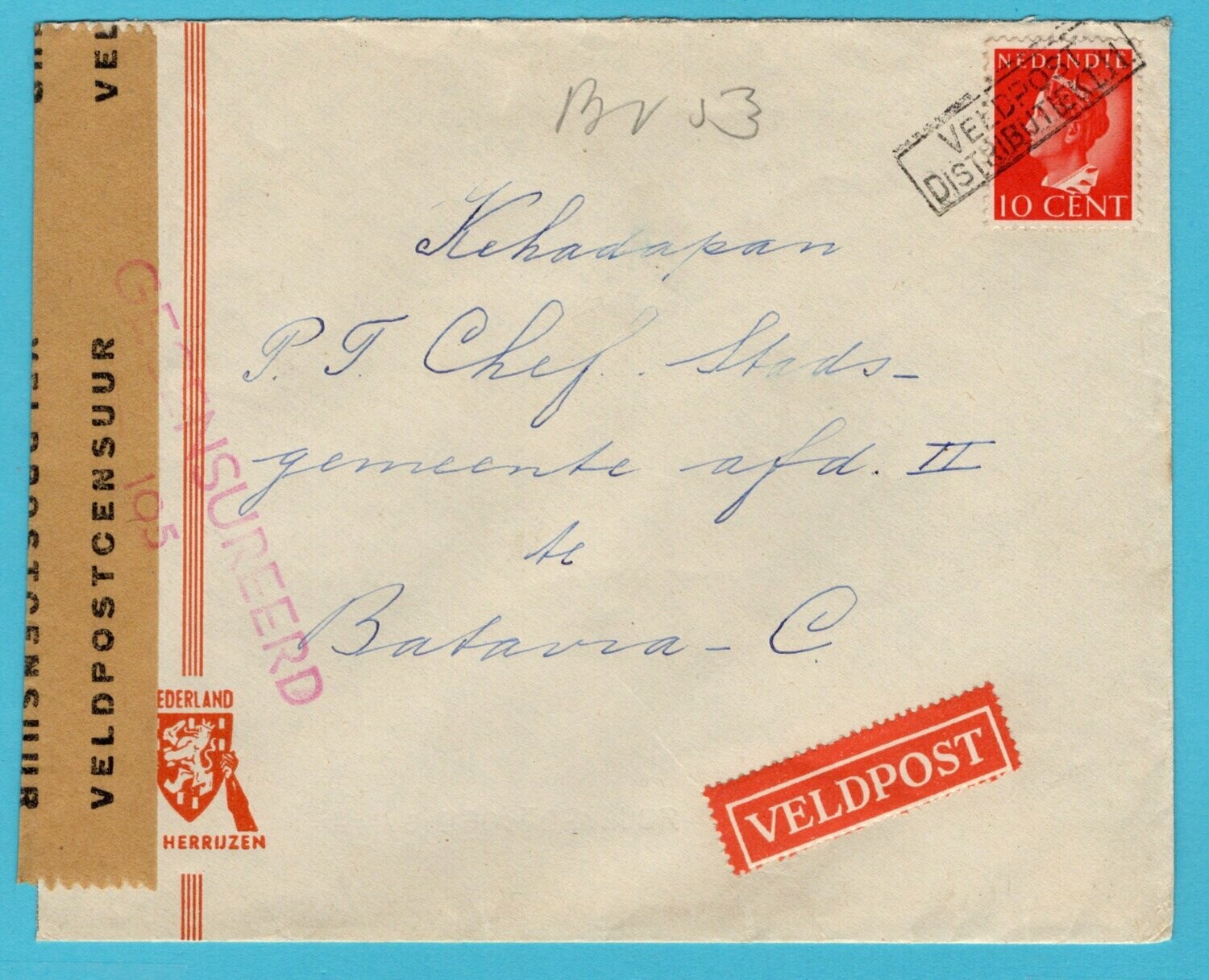 NETHERLANDS EAST INDIES fieldpost censor cover 1942 (?) to Batavia