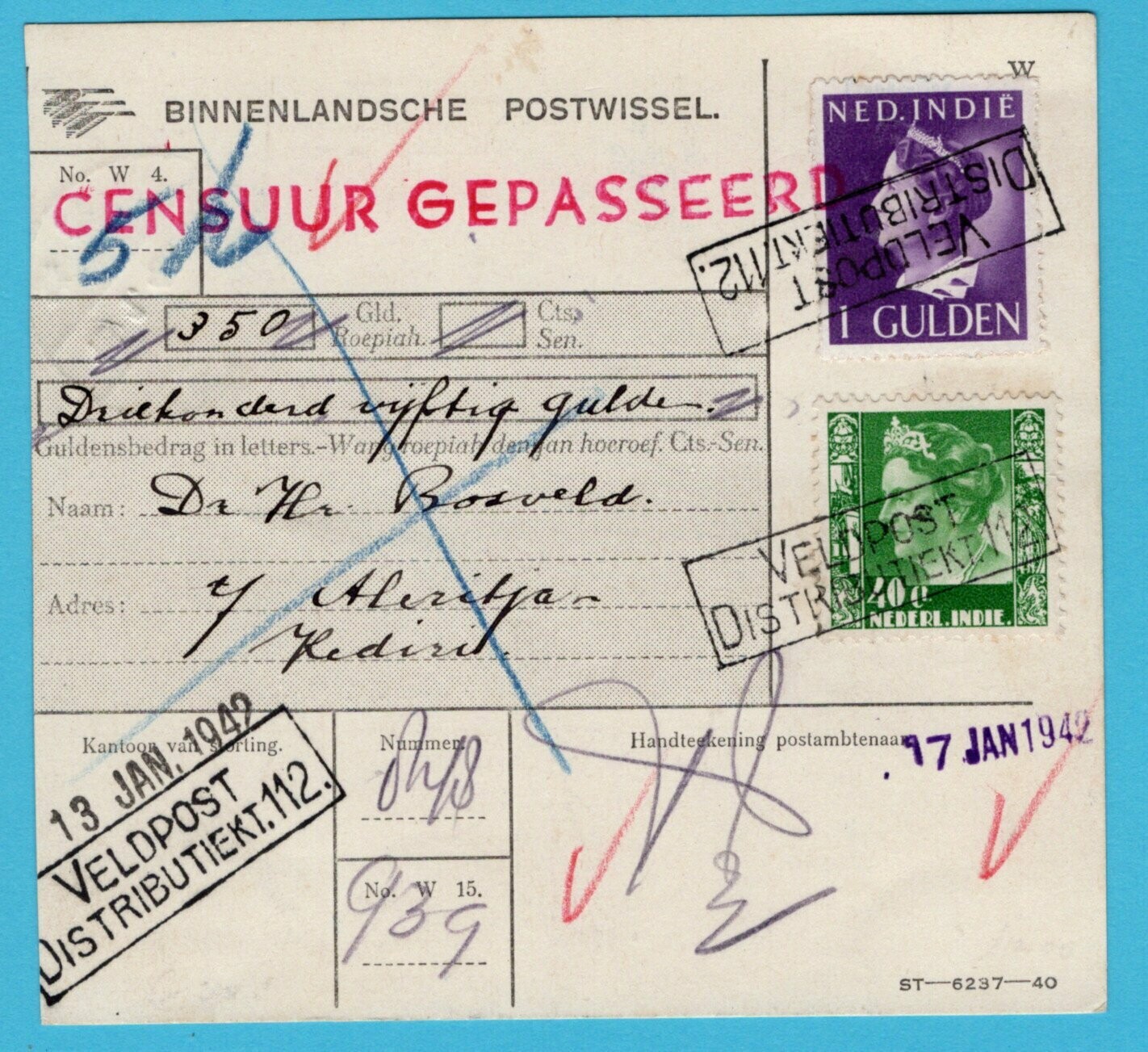 NETHERLANDS EAST INDIES money order 1942 Fieldpost office 112