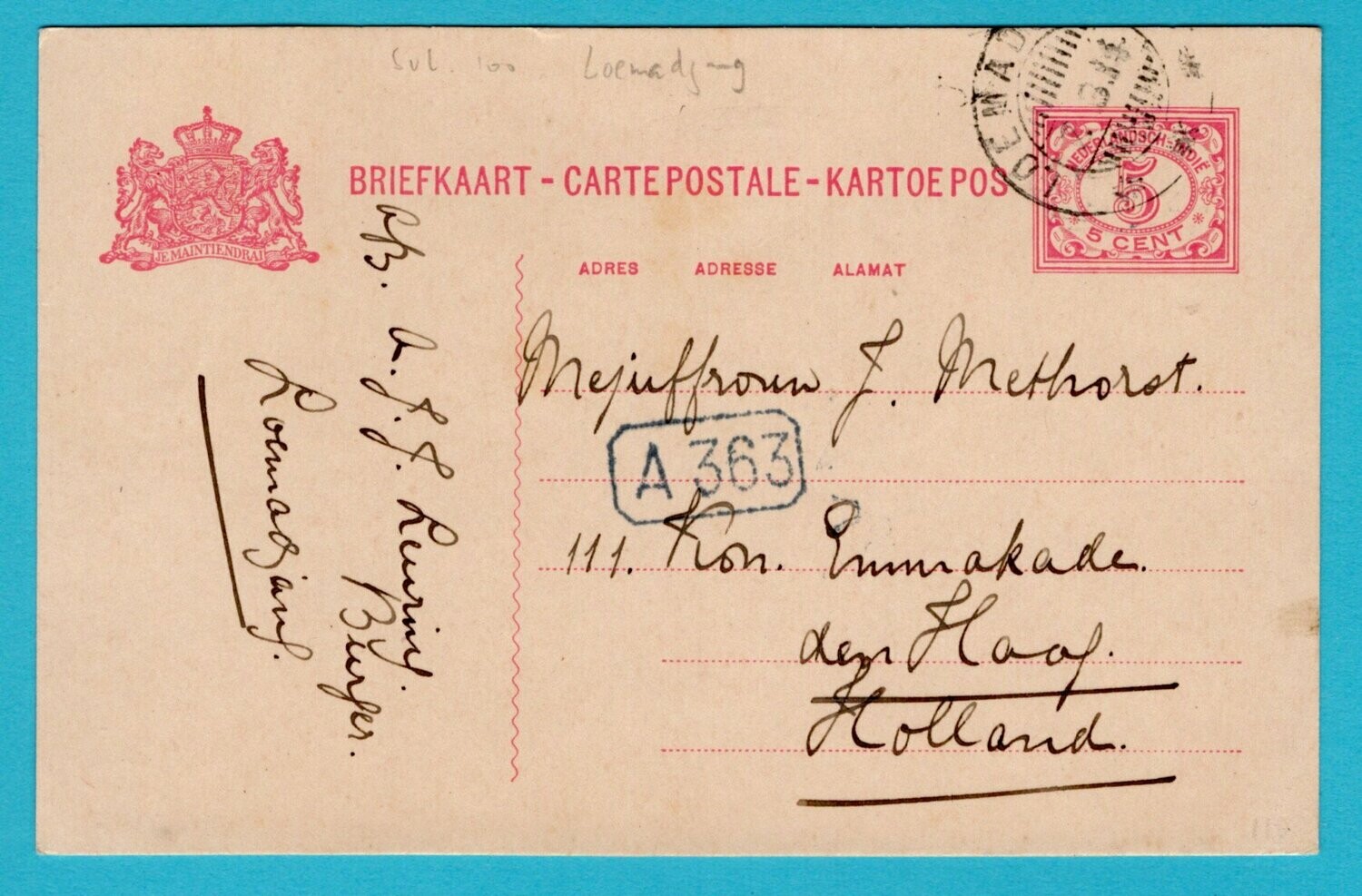 NETHERLANDS EAST INDIES postal card 1914 Loemadjang