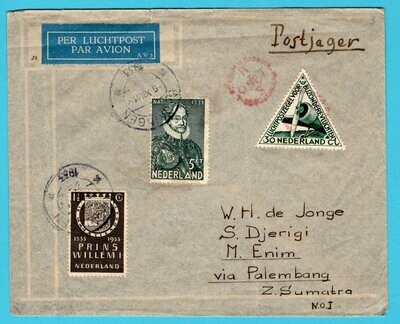 NEDERLAND postjager lp brief 1933 Groningen naar Moeara Enim