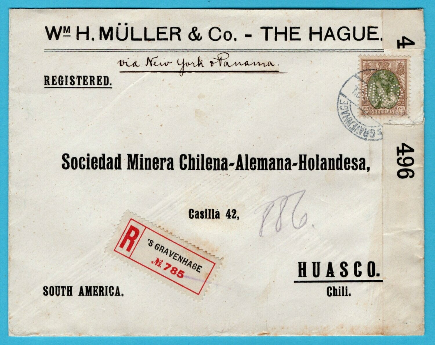 NEDERLAND gecensureerde R brief 1915 perfin M&C naar Chili