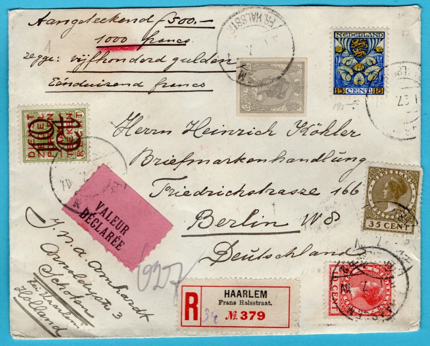 NEDERLAND waardebrief 1927 Haarlem naar Berlijn