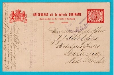 SURINAME briefkaart 1912 S.S. Saramacca naar Nederlands Indië