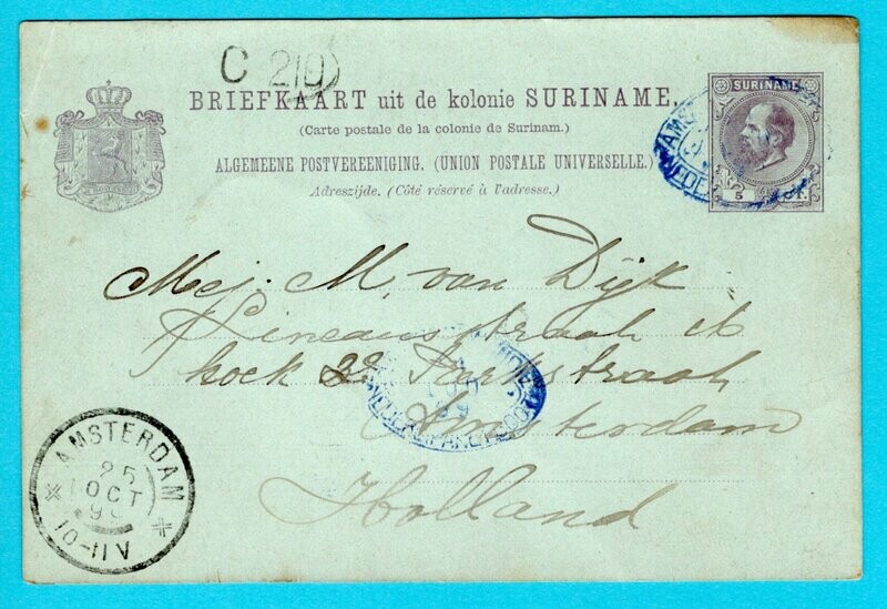 SURINAME briefkaart 1899 met pakketboot Ned- West Indië