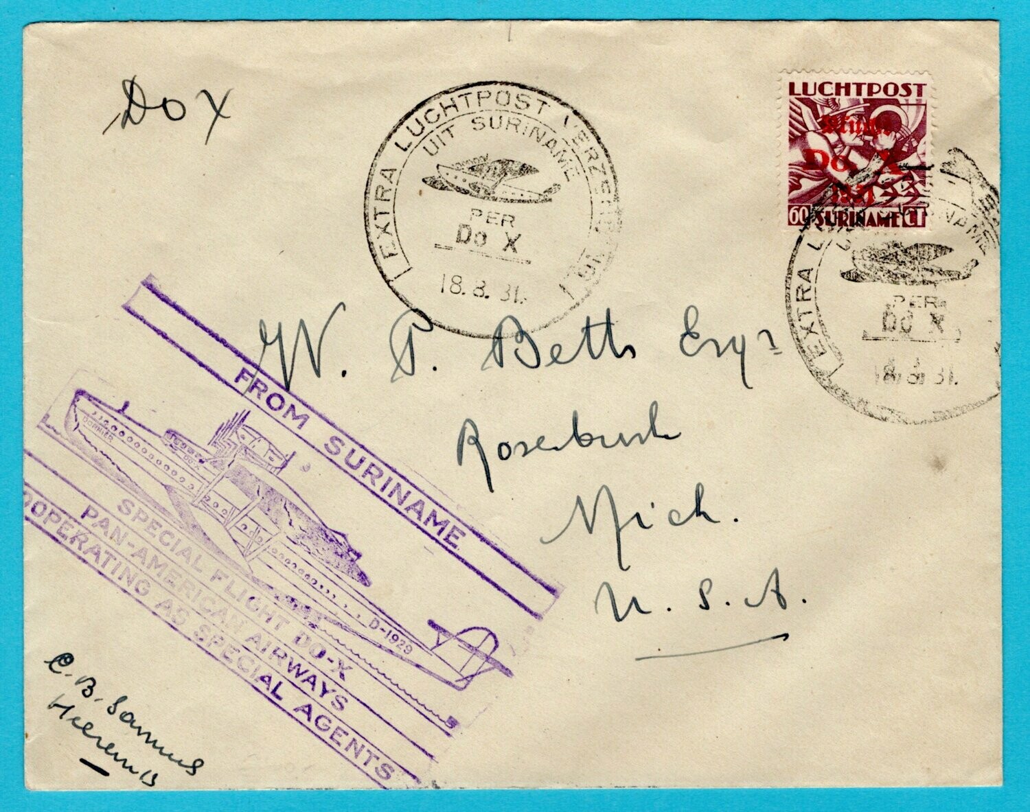 SURINAME DOX brief 1931 Paramaribo naar USA