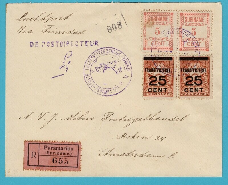 SURINAME R luchtpostbrief 1929 Paramaribo naar Amsterdam