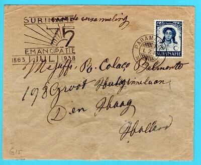 SURINAME brief 1938 Paramaribo Emancipatie naar Nederland