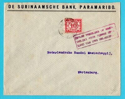 SURINAME brief 1927 Paramaribo met belasting cachet