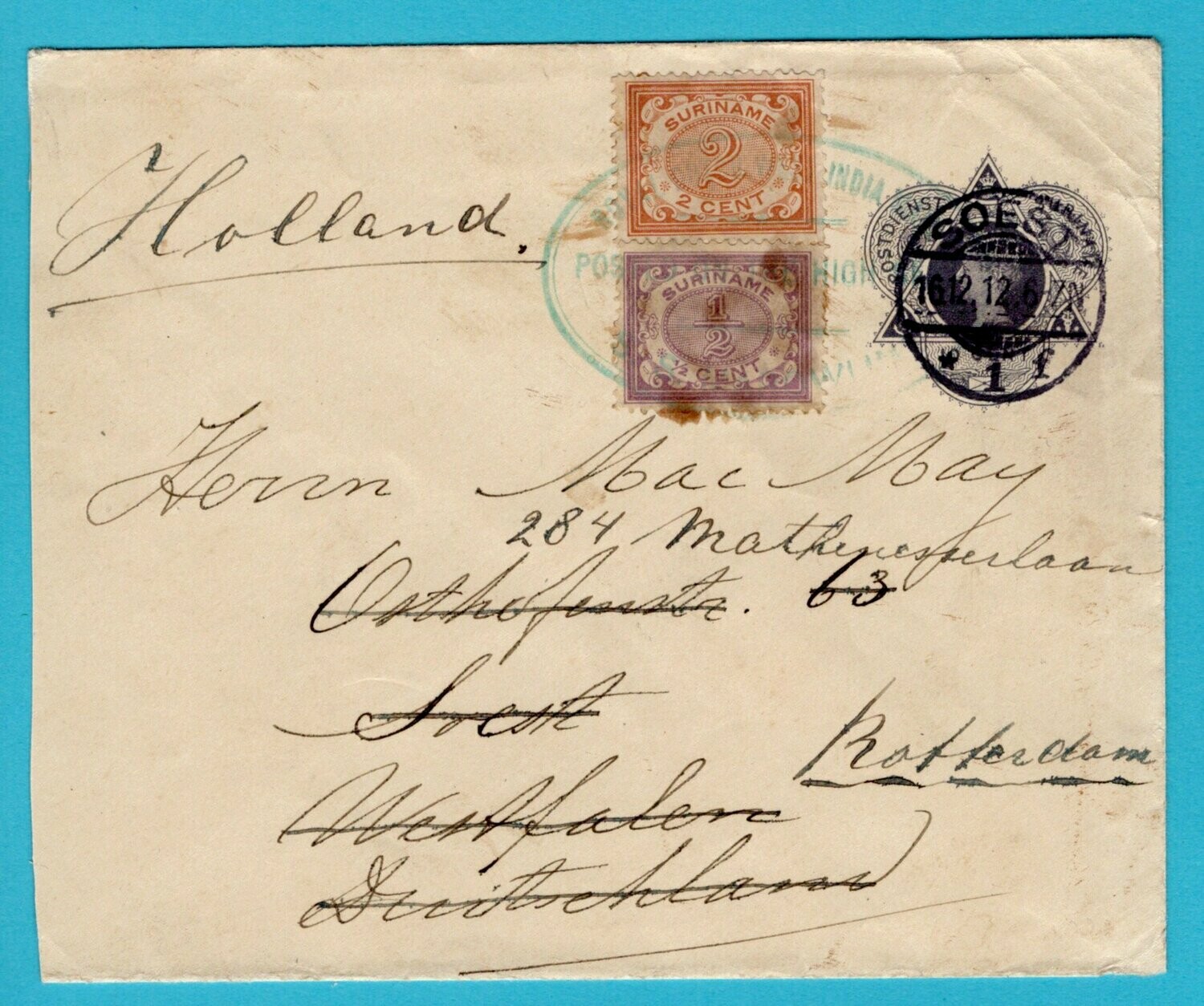 SURINAME envelop 1912 S.S. Marowijne naar Soest en doorgestuurd