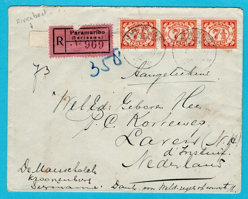 SURINAME R rivierboot brief 1929 Commewijne naar Nederland