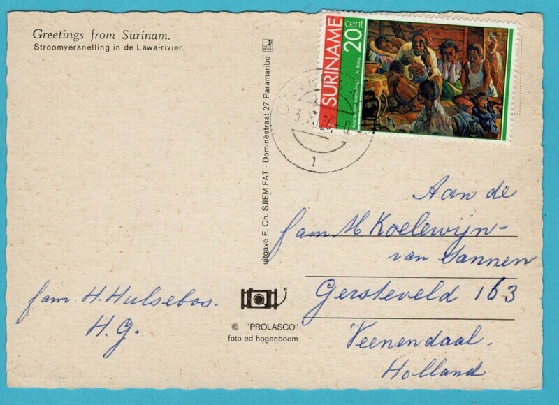 SURINAME prentbriefkaart 1976 Onverwacht naar Nederland