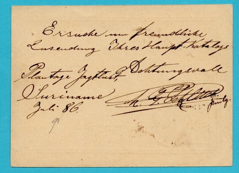SURINAME briefkaart 1886 Paramaribo plantage Jagtlust