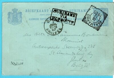 SURINAME briefkaart 1906 Paramaribo via Plymouth naar België