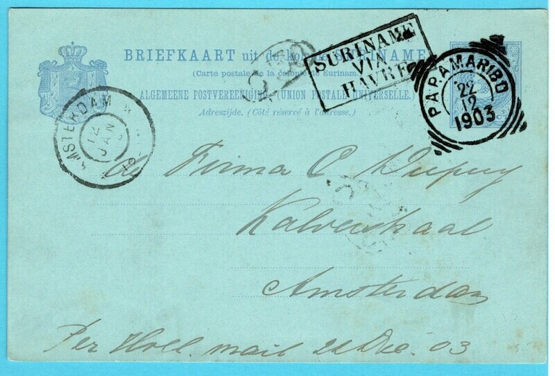 SURINAME briefkaart 1903 Paramaribo route cachet via Havre
