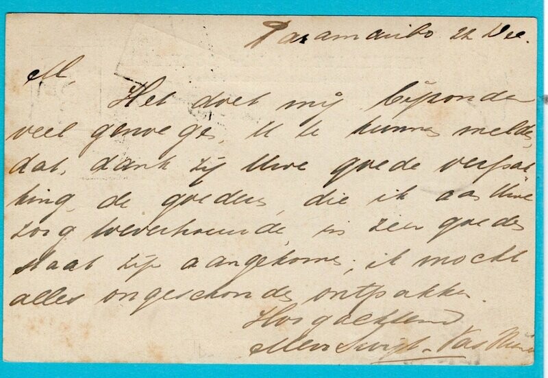 SURINAME briefkaart 1903 Paramaribo route cachet via Havre