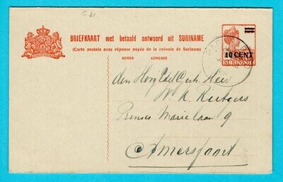 SURINAME briefkaart met betaald antwoord 1927 Paramaribo
