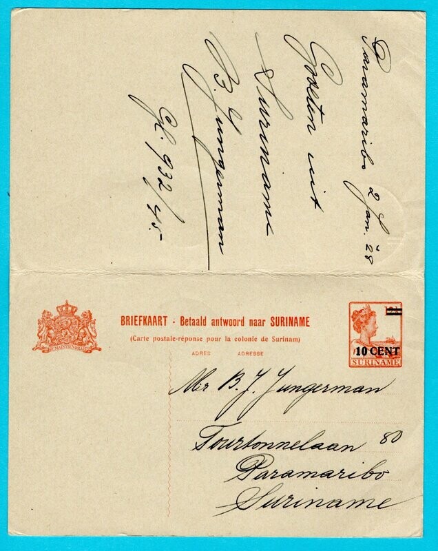 SURINAME briefkaart 1928 Paramaribo naar Australië