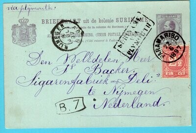 SURINAME briefkaart 1897 Paramaribo route cachet via Plymouth
