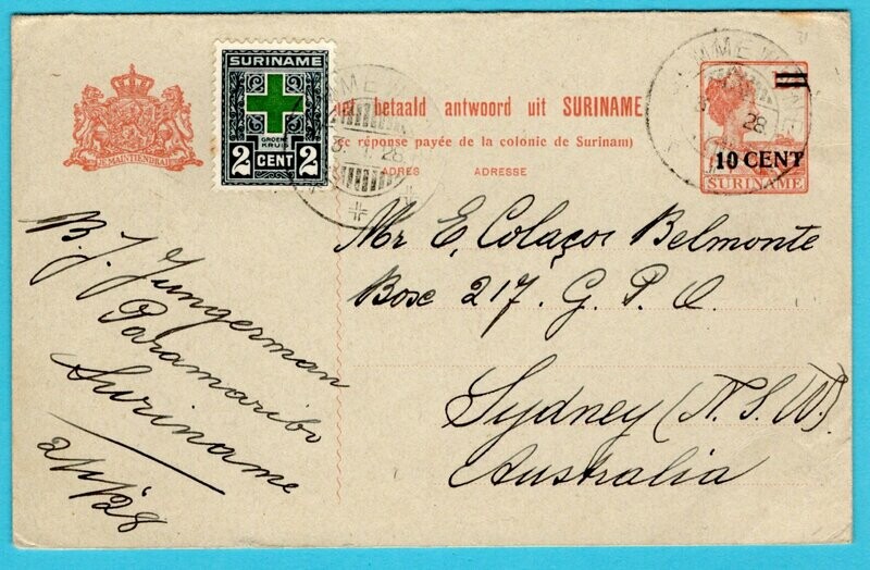 SURINAME briefkaart 1928 Paramaribo naar Australië