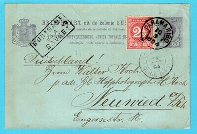 SURINAME briefkaart 1894 Paramaribo met route cachet via Havre