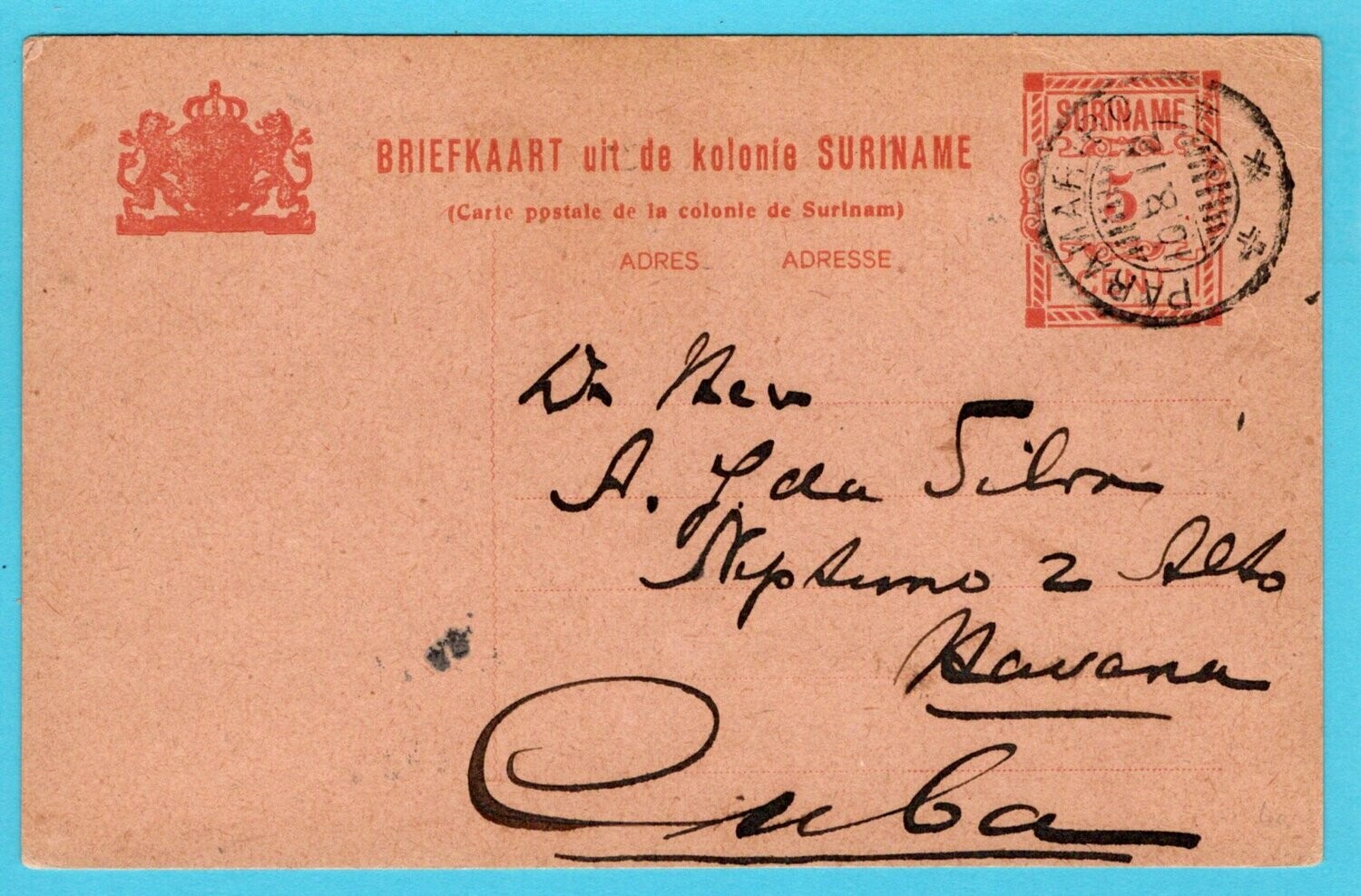 SURINAME briefkaart 1912 Paramaribo naar Cuba