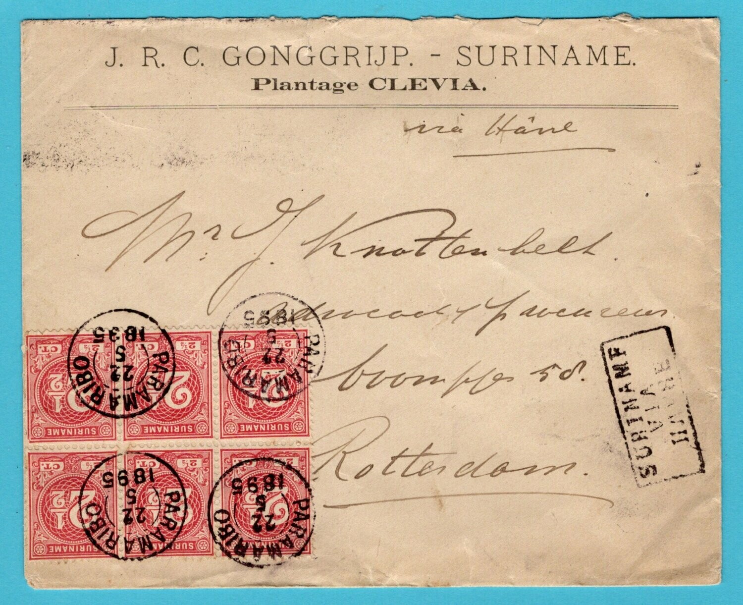 SURINAME brief 1895 Paramaribo plantage Clevia naar Rotterdam