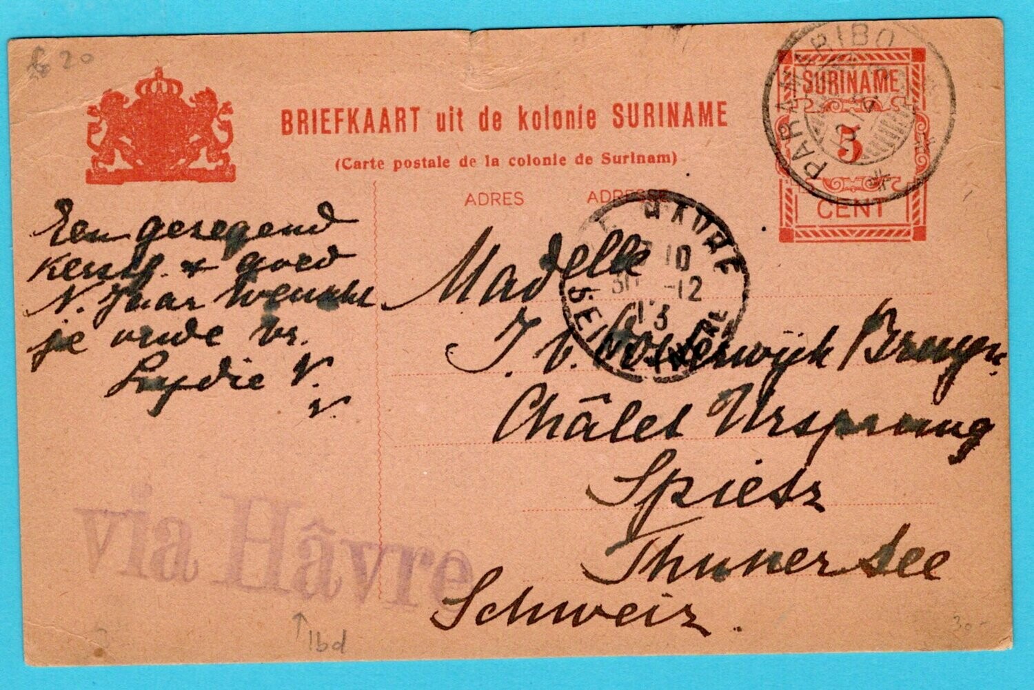 SURINAME briefkaart 1913 Paramaribo 