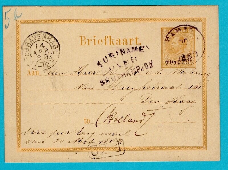 SURINAME briefkaart 1889 Paramaribo over Southampton