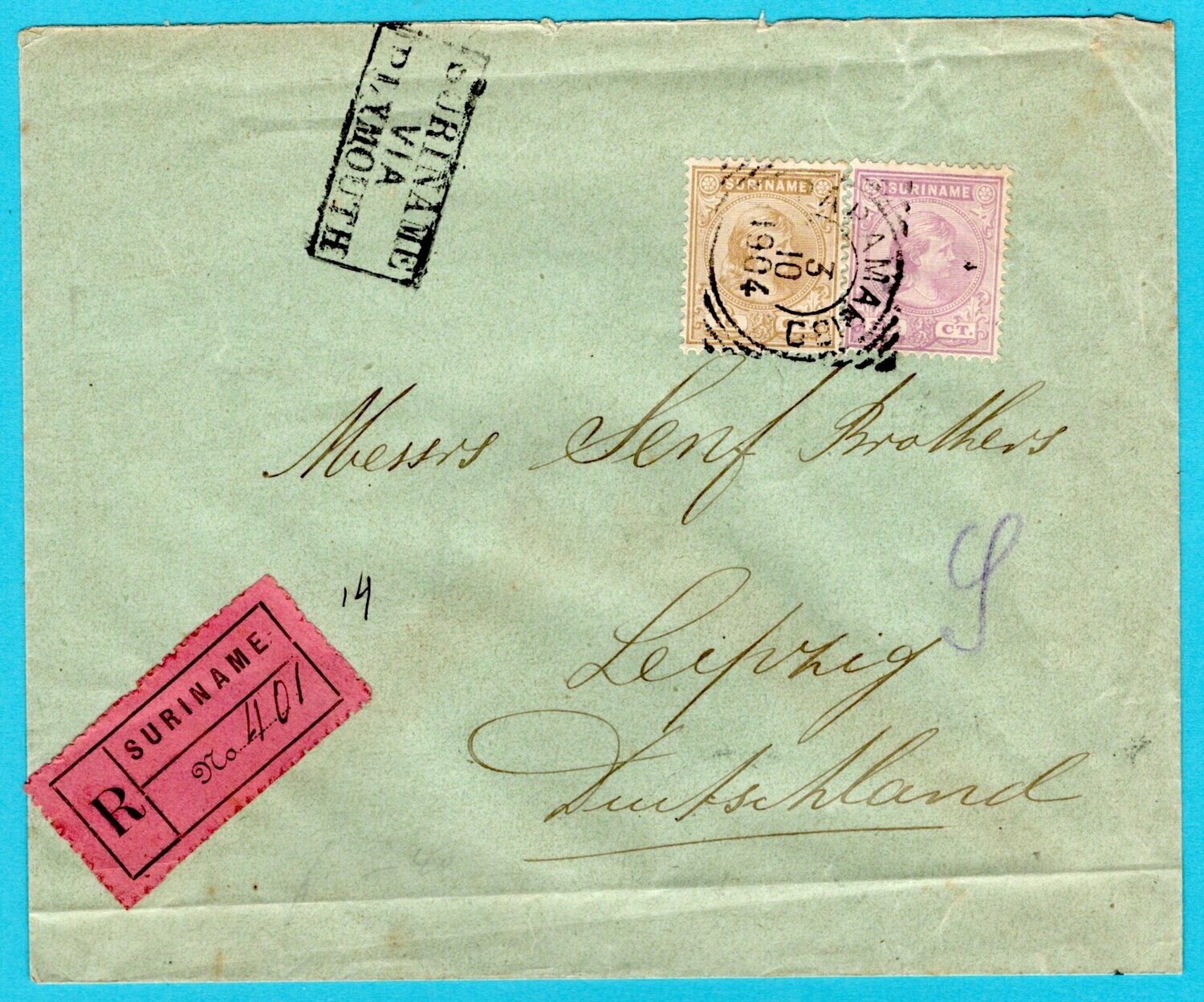 SURINAME R brief 1904 Paramaribo naar Duitland