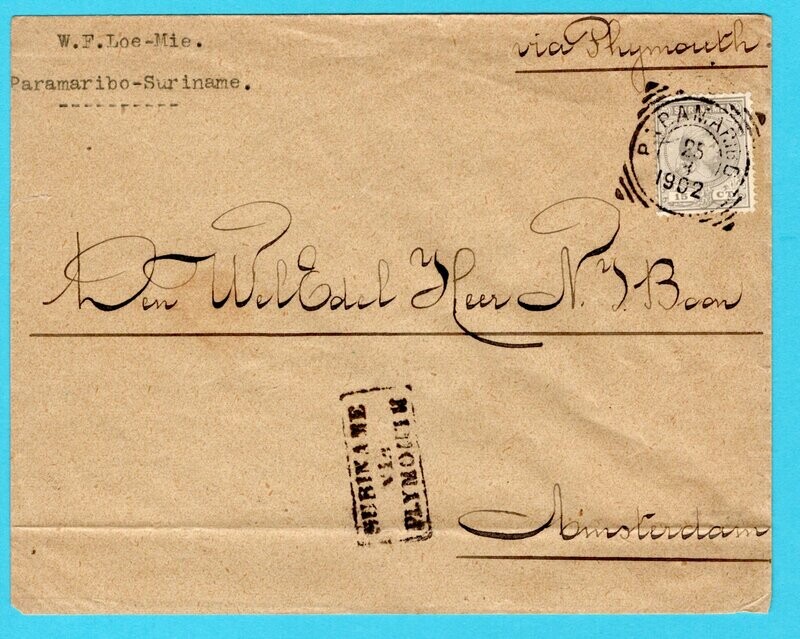 SURINAME brief 1902 Paramaribo via Plymouth naar Nederland