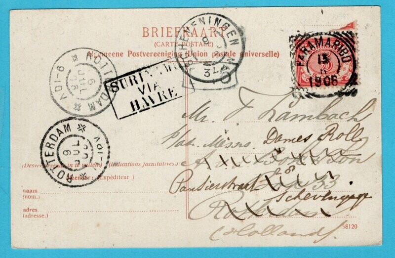 SURINAME prentbriefkaart 1906 Paramaribo naar Scheveningen