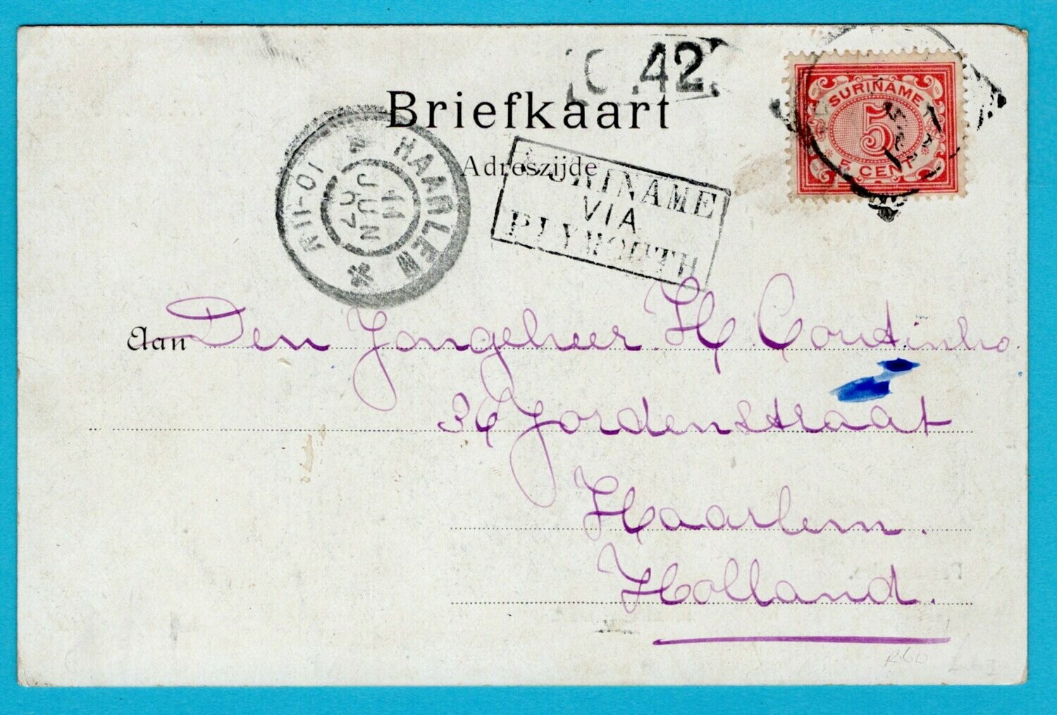 SURINAME prentbriefkaart 1907 Paramaribo naar Haarlem